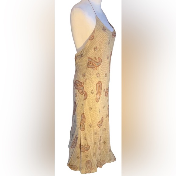 NWT Ralph Lauren Paisley Halter Neck Silk Chiffon Slip Midi Tan Dress Womens 10 - Picture 2 of 8